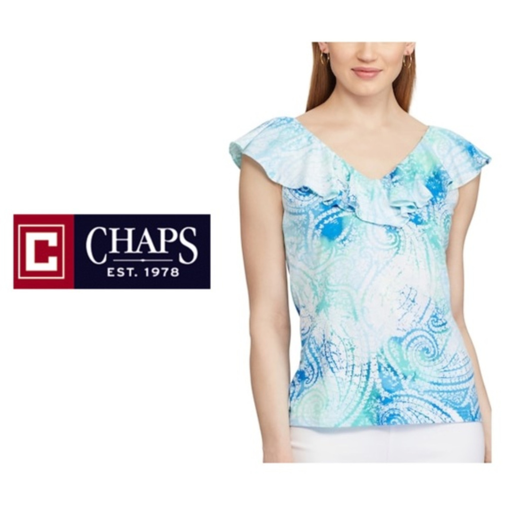 SOLD Chaps Womens Top L XL Blue Green Ruffle - Picture 1 of 6